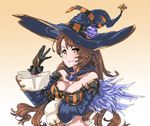  beatrix_(granblue_fantasy) breasts brown_hair detached_sleeves gloves granblue_fantasy halloween hat long_hair maji-pan medium_breasts solo witch_hat 