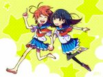  anklet barefoot black_hair dragging flip_flappers holding_hands jewelry kokomine_cocona long_hair multiple_girls papika_(flip_flappers) red_hair roirence running school_uniform serafuku smile sweatdrop watch 