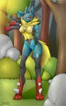  2016 anthro anthrofied areola black_fur blue_fur breasts english_text female fur hi_res looking_at_viewer mega_evolution mega_lucario navel nintendo nipples nude outside pink_nipples pok&eacute;mon pok&eacute;morph pussy pussy_juice red_eyes red_fur signature slit_pupils smile solo text tree video_games voider_(artist) yellow_fur 