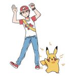  backpack bag baseball_cap brown_hair ddun-ddun2 denim gen_1_pokemon hat jeans jitome male_focus pants pikachu pokemon pokemon_(creature) pokemon_(game) pokemon_sm red_(pokemon) shirt shoes simple_background sneakers t-shirt watch white_background z-move 