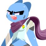  2016 bandage blue_fur cartoon_network cat clothed clothing digital_media_(artwork) feline female flutteringpie fur mammal navel nicole_watterson scarf shoulder_pads simple_background solo the_amazing_world_of_gumball torn_clothing whiskers 