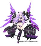  bare_shoulders blue_eyes bustier crotch_plate dark_persona elbow_gloves gloves hair_ornament long_hair mechanical_wings nepgear nepnep_connect:_chaos_chanpuru neptune_(series) pubic_tattoo purple_hair purple_sister purple_sister_(chaos_form) revealing_clothes shiitake_urimo simple_background smile solo symbol-shaped_pupils tattoo thighhighs wings 