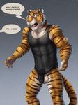 abs anthro balls biceps black_penis blush bottomless brown_fur clothed clothing dream_and_nightmare english_text feline flaccid fur humanoid_penis male mammal meme muscular nipples pecs penis pink_nose shirt simple_background solo standing stripes text tiger uncut water wet wet_fur wet_shirt wet_shirt_meme white_fur 