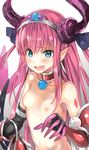  armor bikini_armor blue_eyes blush breasts choker collarbone elizabeth_bathory_(brave)_(fate) elizabeth_bathory_(fate)_(all) eyebrows eyebrows_visible_through_hair fang fate/extra fate/extra_ccc fate/grand_order fate_(series) gauntlets heart heart-shaped_pupils horns long_hair looking_at_viewer navel nipples nude open_mouth pink_hair pointy_ears pt shiny shiny_skin silver_trim small_breasts solo symbol-shaped_pupils tiara upper_body 