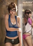  arm_grab artist_name ass backlighting bangs belly_peek black-framed_eyewear black_eyes blurry blush bokeh boyshorts breast_hold breasts brown_eyes brown_hair casual cleavage collarbone cowboy_shot d.va_(overwatch) depth_of_field doorway drawstring facepaint facial_mark glasses glint gumroad_username hair_bun hair_ornament hair_stick hand_on_own_arm hand_up headphones highres hoo_bamon indoors large_breasts lens_flare lips long_hair looking_at_viewer looking_away mei_(overwatch) midriff mole mole_on_breast multiple_girls no_pants nose overwatch panties parted_lips patreon_username pink_panties raglan_sleeves realistic shirt short_hair short_shorts short_sleeves shorts signature swept_bangs t-shirt tank_top taut_clothes taut_shirt thighs underwear wallpaper_(object) watermark web_address whisker_markings 