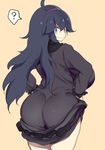  ? ahoge al_bhed_eyes alternate_breast_size ass bags_under_eyes cowboy_shot dress dress_lift from_behind hairband hex_maniac_(pokemon) highres kedamono_kangoku-tou long_hair looking_back messy_hair pokemon pokemon_(game) pokemon_xy purple_eyes purple_hair purple_hairband ribbed_sweater smile solo spoken_question_mark sweater thick_thighs thighs wavy_mouth 