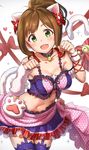  animal_ears arm_warmers bell bell_choker breasts brown_hair cat_ears cat_tail choker cleavage garter_straps green_eyes highres idolmaster idolmaster_cinderella_girls idolmaster_cinderella_girls_starlight_stage maekawa_miku medium_breasts navel paw_pose ponytail ribbon skirt solo tail takeashiro thighhighs zettai_ryouiki 