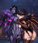  :3 alternate_costume ass d.va_(gremlin) d.va_(overwatch) empty_eyes hat highres mechanical_wings mercy_(overwatch) multiple_girls overwatch panties panty_pull pharah_(overwatch) possessed_pharah pubic_hair purple_skin thighhighs ultamisia underwear v-shaped_eyebrows wings witch_hat witch_mercy yuri 