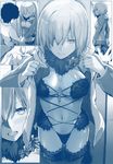  1girl arm_grab blue blush breasts choker cleavage comic dangerous_beast fangs fate/grand_order fate_(series) fujimaru_ritsuka_(male) hair_over_one_eye halloween_costume holding_hands hood hooded_jacket jacket lace lace-trimmed_thighhighs large_breasts mash_kyrielight monochrome navel no_pants o-ring o-ring_top open_clothes open_jacket prostitution revealing_clothes short_hair syatey tail teeth thighhighs undressing wolf_tail 