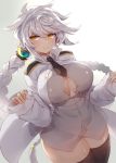  1girl admiral_(kantai_collection) admiral_(kantai_collection)_(cosplay) alternate_costume black_neckwear blouse blush braid breasts bursting_breasts commentary_request cosplay cowboy_shot eyebrows_visible_through_hair grey_blouse hair_ornament kantai_collection large_breasts long_braid long_hair looking_at_viewer military military_uniform necktie shiny shiny_skin simple_background single_braid sleeves_past_wrists smile solo thighhighs thighs uniform unryuu_(kantai_collection) very_long_hair white_background yamaarashi yellow_eyes 