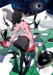  black_butterfly black_eyes black_hair board_game bug butterfly eclipse hat hat_removed head_tilt headwear_removed insect monogatari_(series) oshino_ougi owarimonogatari reversi road_sign school_uniform sign skirt sleeves_past_wrists solar_eclipse source_request 