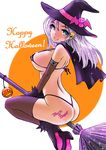  ass bat bikini blue_eyes broom broom_riding capelet hair_ornament halloween happy_halloween hat high_heels highres jack-o'-lantern lavender_hair long_hair looking_at_viewer micro_bikini onsen_tengoku original smile solo star star_hair_ornament swimsuit thighhighs witch witch_hat 