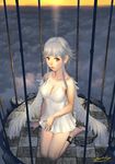  ankle_cuffs ariverkao bare_shoulders barefoot birdcage brown_eyes cage chain dress kneeling looking_at_viewer original short_hair_with_long_locks silver_hair solo wings 