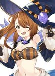  ;d absurdres bandeau bangs bare_shoulders beatrix_(granblue_fantasy) black_gloves blue_hat blush breasts brown_hair cleavage detached_sleeves eyebrows eyebrows_visible_through_hair gloves granblue_fantasy green_eyes hair_between_eyes halloween halloween_costume hand_on_headwear hat highres jack-o'-lantern long_hair long_sleeves medium_breasts navel nemun_(tamizzz) one_eye_closed open_mouth simple_background smile solo striped upper_body white_background wide_sleeves witch_hat 