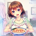  :d apron bangs bedroom blouse brown_eyes brown_hair collarbone food frilled_apron frills green_blouse hair_ornament hairclip head_tilt holding holding_plate indoors jewelry ketchup looking_at_viewer momore_(peaches) necklace omelet omurice open_mouth original plate short_hair short_sleeves smile solo upper_body 