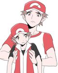  :&lt; baseball_cap brown_eyes brown_hair dual_persona hat male_focus multiple_boys picking_up pokemon pokemon_(game) pokemon_frlg pokemon_sm pumpkinpan red_(pokemon) red_(pokemon_frlg) shirt short_sleeves simple_background sweatdrop t-shirt time_paradox white_background 