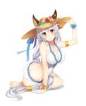  animal_ears armlet ass bangs bare_shoulders bikini blush bracelet braid breasts cat_ears cleavage closed_mouth ears_through_headwear erune flower granblue_fantasy hair_between_eyes hair_tubes hand_on_headwear hat hat_flower hazuki_(115483948) heles hibiscus highres jewelry large_breasts long_hair looking_at_viewer one-piece_swimsuit silver_hair simple_background single_braid sitting smile solo sun_hat swimsuit very_long_hair white_background white_bikini yellow_eyes 