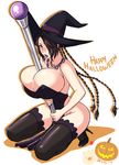  1girl between_breasts breasts brown_eyes brown_hair bursting_breasts devil-v ear_piercing earrings eyeshadow final_fantasy final_fantasy_x hair_over_one_eye halloween huge_breasts jewelry lulu_(final_fantasy) nail_polish necklace saliva solo staff tongue_out witch_hat 