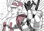  araki_hirohiko_(style) arm_up bag cosplay emphasis_lines eyebrows foreshortening gakuran ghi_yas hand_up hat index_finger_raised jojo_no_kimyou_na_bouken leaning_to_the_side looking_at_viewer looking_to_the_side male_focus monochrome multiple_boys muscle ookido_green parody peaked_cap pointing pointing_at_viewer pokemon pokemon_(game) pokemon_sm red_(pokemon) red_(pokemon)_(cosplay) school_uniform shoulder_bag sketch solo_focus spot_color style_parody sunglasses 