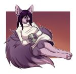  2019 4_toes anthro barefoot big_tail biped border bottomless canid canine clothed clothing digital_media_(artwork) female fluffy fluffy_tail fox full-length_portrait fur hair lavenderpandy long_hair long_tail looking_at_viewer mammal outside_border portrait purple_background purple_fur purple_hair purple_nose purple_tail reclining simple_background smile solo sweater toes white_border white_clothing white_topwear yellow_eyes 