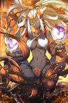  breasts cleavage final_fantasy final_fantasy_xiv grey_skin hair_ornament large_breasts navel orb silver_hair smile solo sophia_the_goddess squatting stomach tomoyohi 