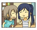  blue_hair brown_hair casual closed_eyes comic eating love_live! love_live!_sunshine!! matsuura_kanan multiple_girls ponytail shiitake_nabe_tsukami shirt short_hair sleeveless t-shirt watanabe_you 