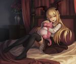  :d bangs bat_wings beth_(shingeki_no_bahamut) black_legwear black_skirt blanket blonde_hair collared_shirt curtains dragon fang fingernails flower frilled_shirt_collar frilled_skirt frills granblue_fantasy hair_between_eyes head_wings highres indoors knees_together_feet_apart leaf leaning_back long_hair long_sleeves looking_away looking_to_the_side miniskirt no_shoes on_bed open_mouth orange_eyes pillow plant pointy_ears pot potted_plant red_flower red_rose rose shingeki_no_bahamut shirt sitting skirt smile solo t@kuyoa thighhighs vampire vampy white_shirt wings zettai_ryouiki 