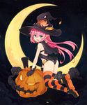  :d ass black_gloves cape crescent_moon gloves halloween hat highres jack-o'-lantern long_hair looking_at_viewer moon mou_tama_maru open_mouth original pink_hair pointy_ears sky slit_pupils smile smoke solo star_(sky) starry_moon starry_sky striped striped_legwear thighhighs witch witch_hat 