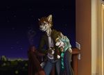  5_fingers anthro black_nose blue_eyes blue_hair canine clothed clothing detailed_background dog duo eam0 female hair male mammal night open_mouth outside red_eyes sky smile standing star starry_sky teeth tongue 