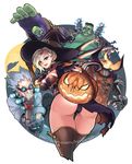  3boys ass blonde_hair blue_eyes breasts brown_legwear halloween hat jack-o'-lantern junkrat_(overwatch) large_breasts london mercy_(overwatch) multiple_boys overwatch phandit_thirathon reaper_(overwatch) roadhog_(overwatch) thighhighs thighs witch_hat 