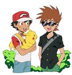  backpack bag baseball_cap bbrangka black_hair black_shirt brown_eyes brown_hair cosplay denim gen_1_pokemon green_pants hands_in_pockets hat jeans looking_at_another multiple_boys ookido_green ookido_green_(cosplay) ookido_shigeru open_collar pants pikachu pokemon pokemon_(anime) pokemon_(creature) pokemon_(game) pokemon_sm red_(pokemon) red_(pokemon)_(cosplay) satoshi_(pokemon) shirt simple_background smile spiked_hair sunglasses t-shirt white_background 