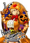  :q belt breasts brown_eyes brown_hair energy_gun fingerless_gloves gloves halloween hand_on_hip happy_halloween hat heart jack-o'-lantern konakona large_breasts narusawa_ryouka occultic;nine ray_gun safety_pin short_hair simple_background skull smile solo tongue tongue_out weapon white_background witch_hat 