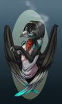  5_fingers anthro avian beak bird black_feathers black_hair clothed clothing eam0 feathered_wings feathers female hair looking_at_viewer smile solo wings yellow_eyes 