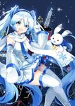  39 absurdres blue_eyes blue_hair bunny commentary_request detached_sleeves fang hatsune_miku headset highres k.syo.e+ long_hair mittens necktie open_mouth scarf skirt snowflakes star thighhighs twintails very_long_hair vocaloid yuki_miku yukine_(vocaloid) 