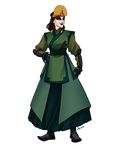  avatar:_the_last_airbender avatar_(series) boots brown_hair facepaint gloves green_eyes hand_on_hip headdress highres japanese_clothes jeinu kimono kyoshi_(avatar) smile solo 