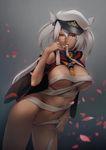  breasts dark_skin glasses hat ichikawa_noa kantai_collection large_breasts long_hair military_hat musashi_(kantai_collection) naked_ribbon navel petals red_eyes ribbon silver_hair solo thighs twintails 