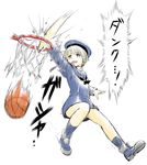  :d basketball basketball_hoop blue_eyes boots clothes_writing dress dunk hat highres kanno_takanori kantai_collection open_mouth pun reverse_trap sailor_dress sailor_hat short_hair silver_hair simple_background smile solo translated white_background z1_leberecht_maass_(kantai_collection) 