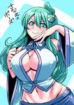  &gt;:) ahoge aqua_eyes bare_shoulders blush breasts center_opening cleavage closed_mouth commentary_request crop_top detached_sleeves doyagao frog_hair_ornament green_hair groin hair_ornament hair_tubes japanese_clothes kochiya_sanae large_breasts long_hair long_sleeves looking_at_viewer miko navel shirt smile smug solo stomach touhou translation_request tsuki_wani upper_body v-shaped_eyebrows wide_hips wide_sleeves 