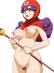  1girl areolae breasts censored cowboy_shot dragon_quest dragon_quest_ii highres holding hood large_breasts legs long_hair machwing mosaic_censoring mound_of_venus navel nipples nude open_mouth princess_of_moonbrook pubic_hair purple_hair pussy red_eyes serious simple_background solo staff standing thighs wavy_hair white_background 