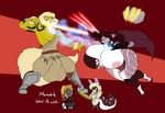  2016 anthro arcanine armor balls big_balls big_breasts blue_eyes breasts canine cervine clenched_teeth clothed clothing dog duo duo_focus female fight fur greaves green_fur group hair huge_balls hyper hyper_balls kaboozle lightening lightsaber male mammal nintendo nipples orange_eyes pok&eacute;mon red_eyes reindeer rock simple_background star_wars teeth torn_clothing video_games weapon yellow_eyes yellow_fur 