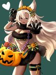  :d animal_ears aqua_eyes blush breasts candy cat_ears chain claws cleavage contrapposto dark_skin erune eyebrows eyebrows_visible_through_hair flower food fur_collar fur_trim granblue_fantasy grey_background hair_between_eyes halloween halloween_basket head_wreath heart highres jack-o'-lantern leg_garter long_hair medium_breasts nemone open_mouth outstretched_arm paws remon_(kranchi) silhouette smile solo standing very_long_hair white_hair 