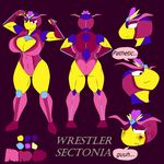  &lt;3 big_breasts big_butt blood blue_skin boots breasts butt cleavage clothed clothing costume footwear model_sheet nintendo purple_eyes queen_sectonia saesar teeth text video_games wounded yellow_skin 