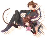  animal_ears bell bow brown_eyes brown_hair catboy catgirl geroro kneehighs little_busters! long_hair male natsume_kyousuke natsume_rin ponytail seifuku short_hair suit tail tie wink 