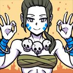  akairiot black_hair breasts commentary cosplay dhalsim dhalsim_(cosplay) facepaint large_breasts long_hair looking_at_viewer lowres ponytail silver_eyes skull_necklace smile solo street_fighter super_smash_bros. wii_fit wii_fit_trainer 
