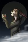 5_fingers alcohol anthro beverage black_hair black_lips black_nose clothed clothing eam0 ear_piercing female hair horn jewelry looking_at_viewer mammal necklace piercing red_eyes scar solo standing teeth wine 