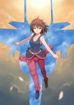  breasts brown_eyes brown_footwear brown_hair character_request cleavage cloud collarbone f-15_eagle feathers full_body kamisama_no_inai_sora looking_at_viewer maruto! medium_breasts midriff outstretched_arms parted_lips pilot_suit shoes silhouette sky sleeveless solo sun sunset tank_top 