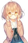  adjusting_eyewear ahoge bandaged_hands bandages blue_ribbon blue_shirt blue_skirt blush brown_eyes cardigan eyebrows eyebrows_visible_through_hair glasses highres io_enishi kuriyama_mirai kyoukai_no_kanata open_cardigan open_clothes orange_hair parted_lips red-framed_eyewear ribbon school_uniform serafuku shirt short_hair simple_background skirt sleeves_past_wrists solo white_background 