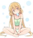  barefoot blonde_hair brown_eyes camisole eating food food_in_mouth futaba_anzu idolmaster idolmaster_cinderella_girls indian_style long_hair looking_to_the_side midriff mouth_hold navel panties popsicle rkrk sitting solo strap_slip striped striped_panties sweat twintails twitter_username underwear underwear_only very_long_hair 