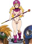  1girl areolae bare_arms blonde_hair boots breasts censored dragon_quest dragon_quest_ii embarrassed feet goggles highres holding hood large_breasts legs lingerie long_hair looking_at_viewer machwing mosaic_censoring mound_of_venus navel nipples princess_of_moonbrook pubic_hair see-through simple_background sleeveless staff standing thighs white_background 