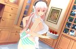  3d apron ass breasts cake custom_maid_3d_2 food fruit headphones highres large_breasts long_hair looking_at_viewer nearly_naked_apron nitroplus open_mouth panties pink_eyes pink_hair shortcake sideboob solo strawberry strawberry_shortcake striped striped_panties super_sonico uld_macaron underwear 